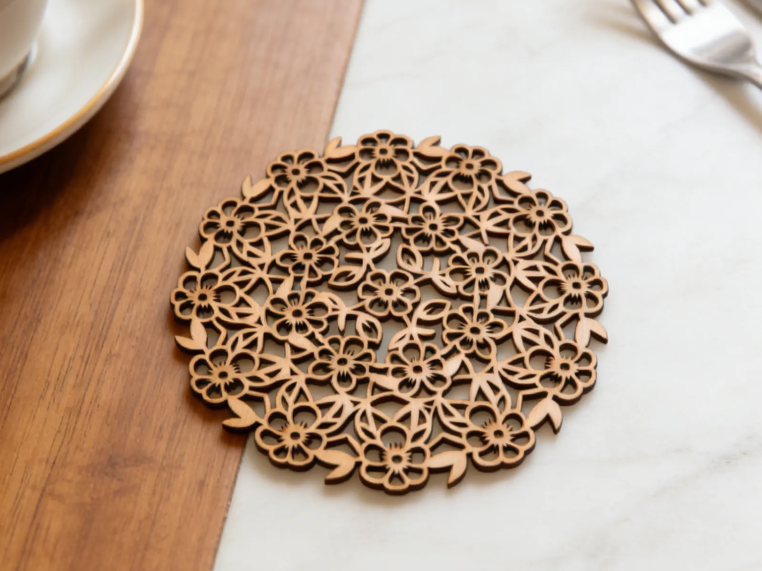 Laser Cut Wooden Floral Pattern Coaster flower craft idea
