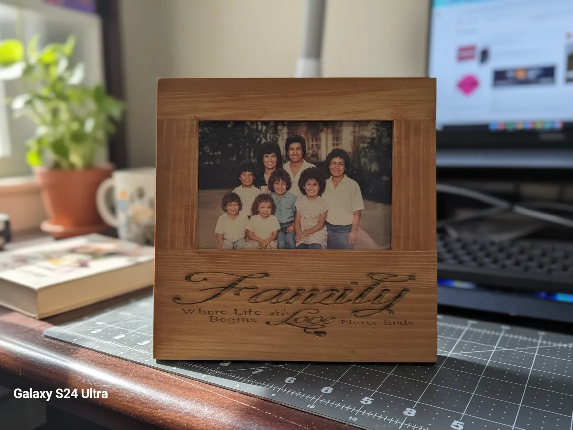 Lasergravierter Holz-Familienbilderrahmen mit inspirierendem Zitat