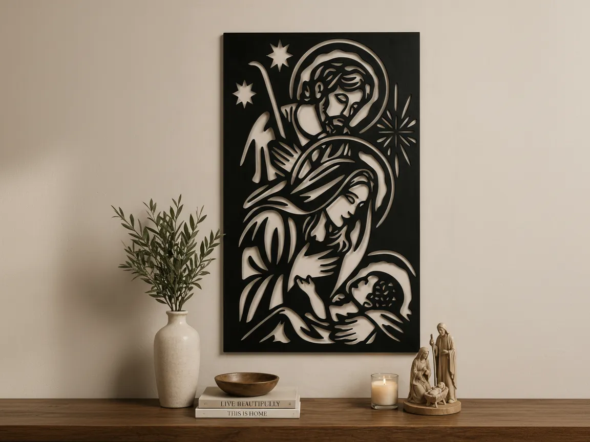 Arte de pared en metal de la escena de la Natividad de la Sagrada Familia