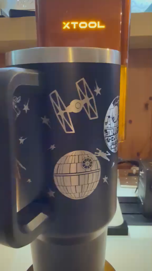 [Laser cut and engrave] Black Insulated Travel Tumbler with Space Station Motif