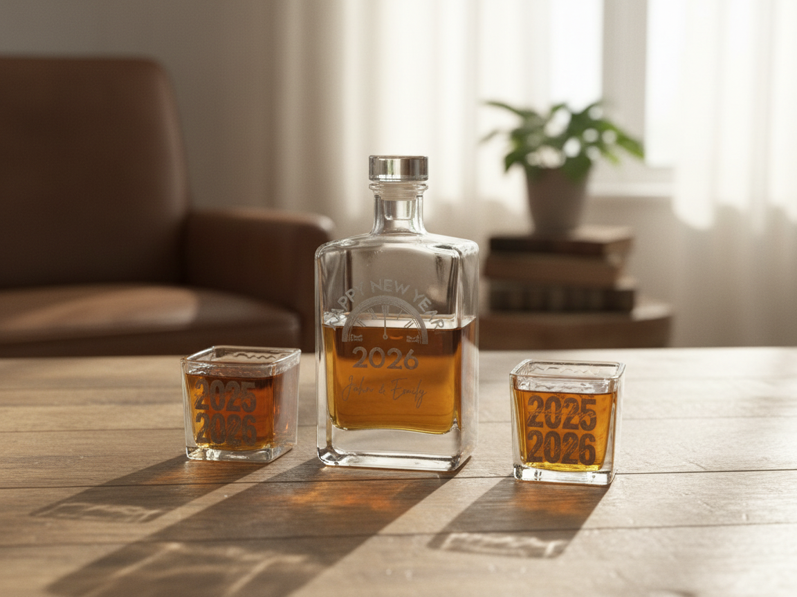New Year 2026 Whiskey Bottle and Shot Glasses new year gift design