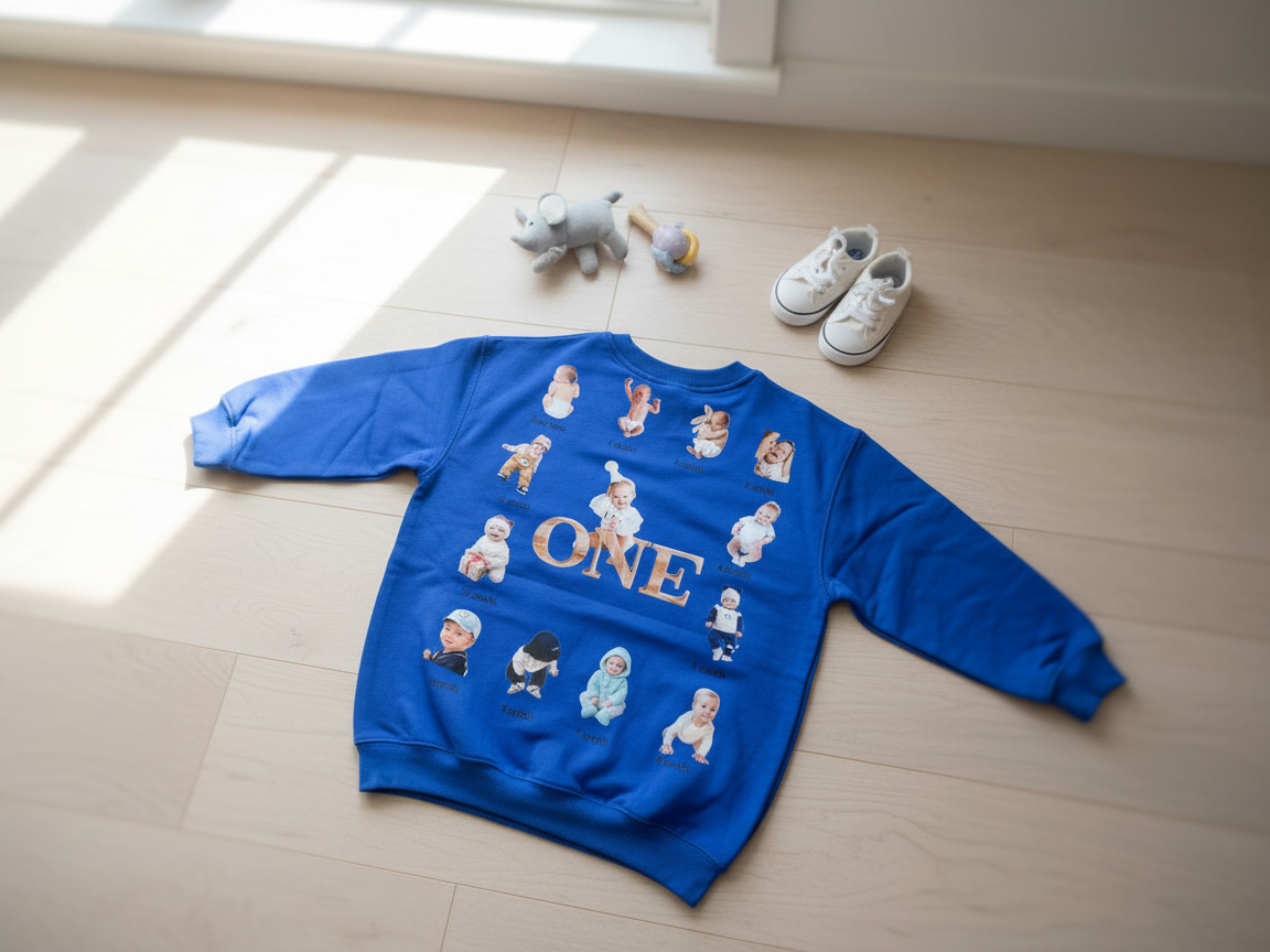 Una sudadera infantil azul con pequeños motivos repetidos de hitos y la palabra one