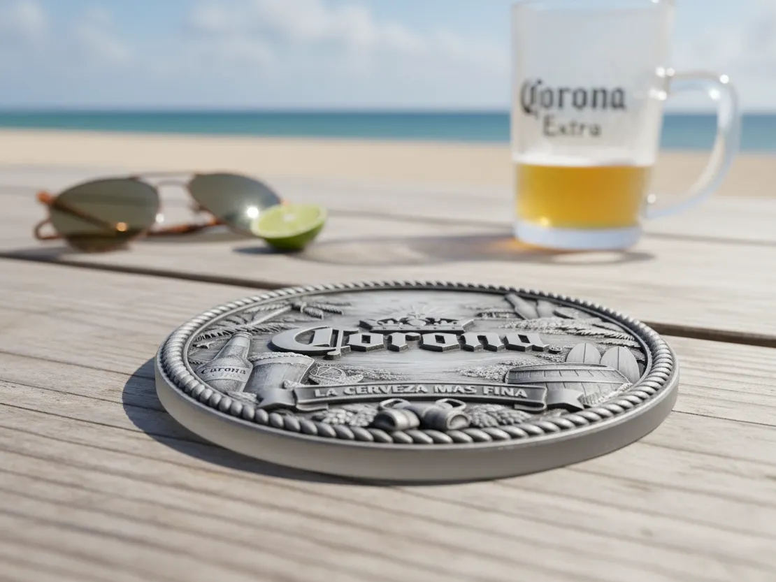 Embossed metal coaster design featuring Corona Extra beverage branding