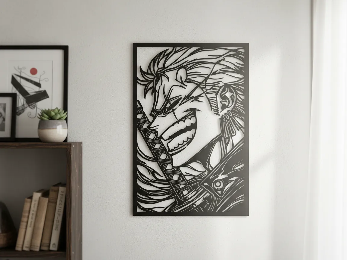 Black wood silhouette wall art of Roronoa Zoro with sword One Piece gift idea
