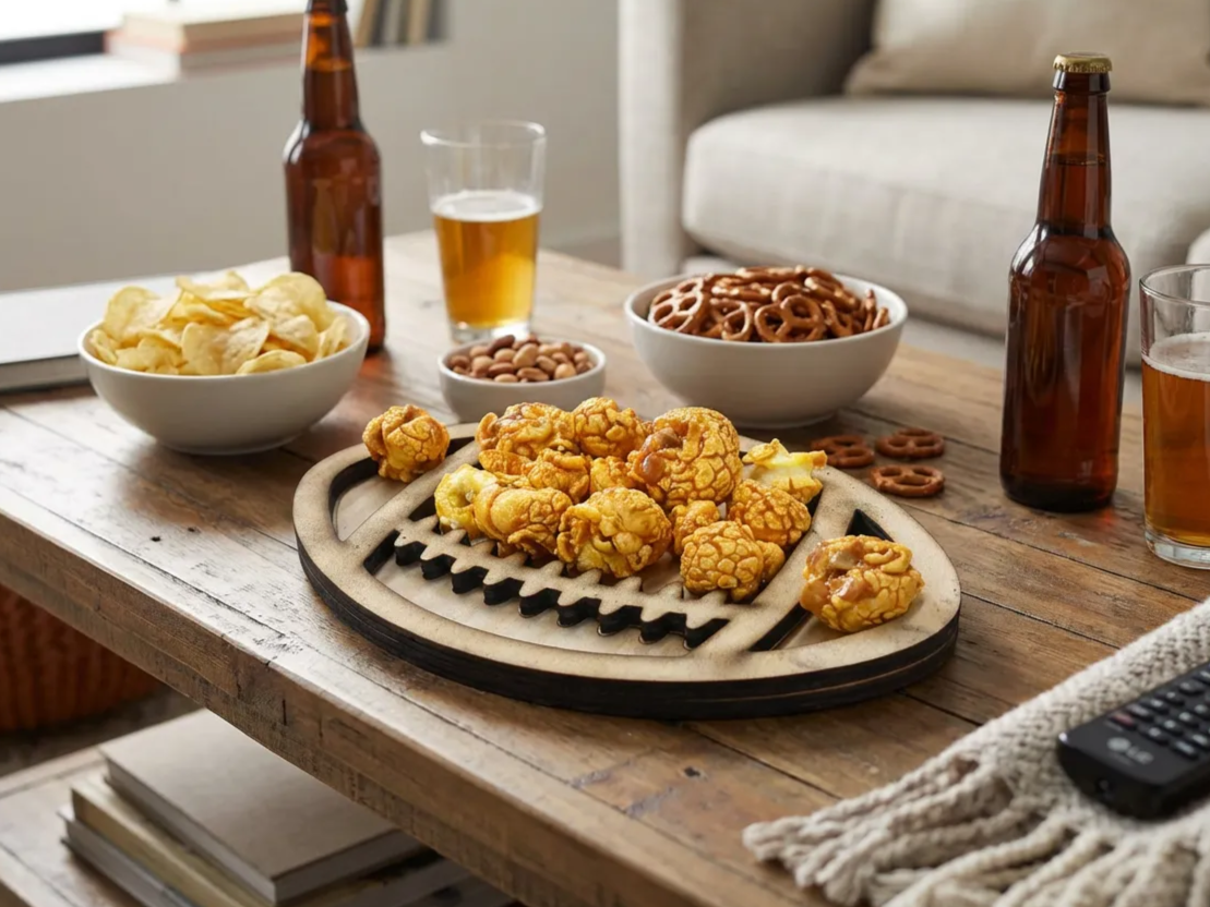 Wooden football snack serving tray sports party decoration design