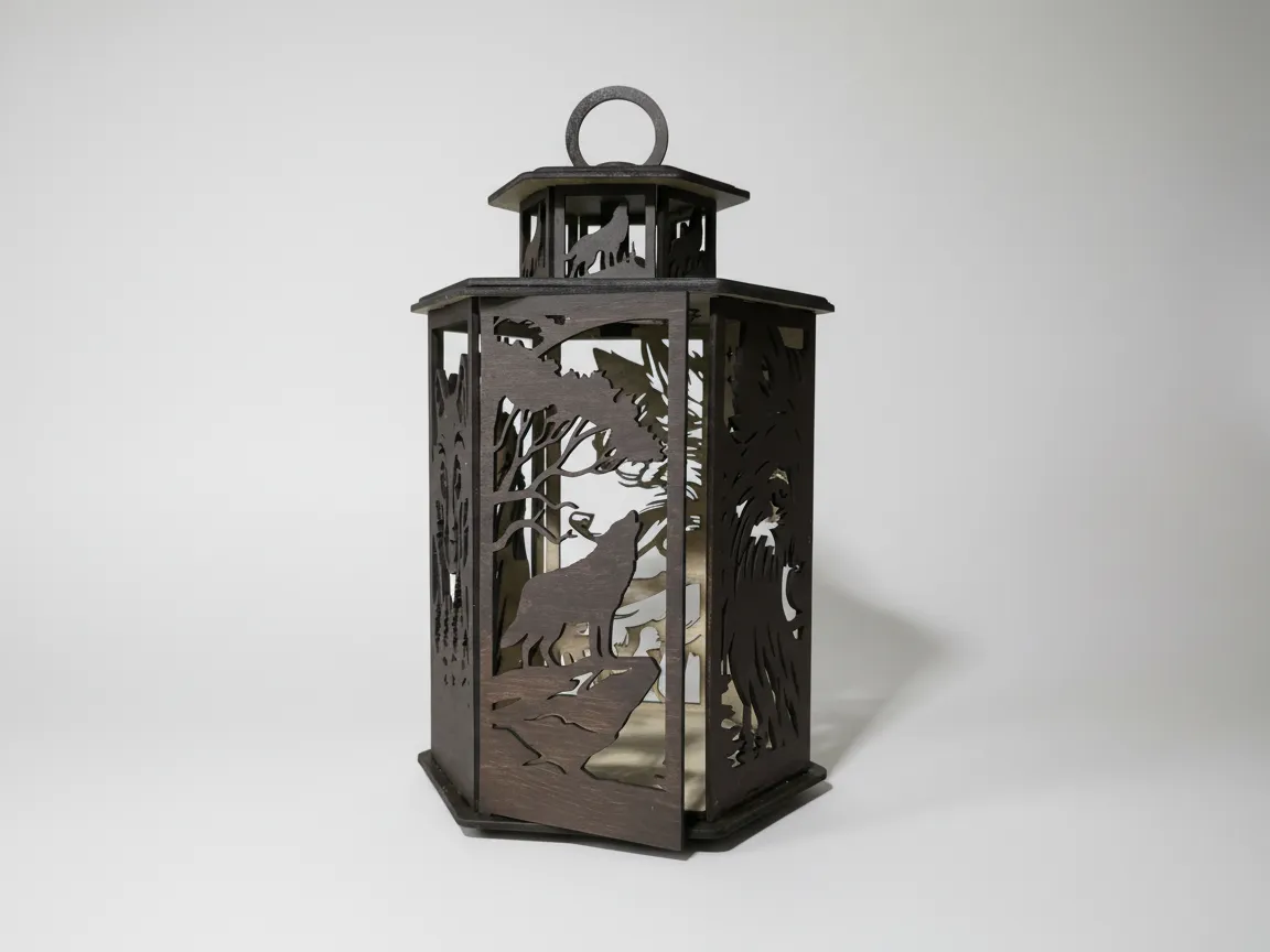 Dark stained hexagonal wooden lantern with wolf silhouette and forest motif outdoor lantern idea