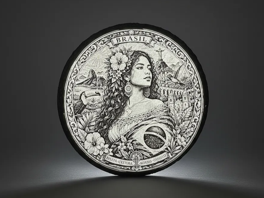 Runde Gedenk-Untersetzer-Plakette mit brasilianischen Wahrzeichen und Flora