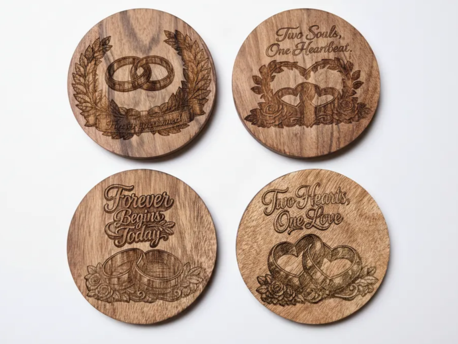 Engraved Acacia Wedding Coaster Set coaster idea to sell on Etsy