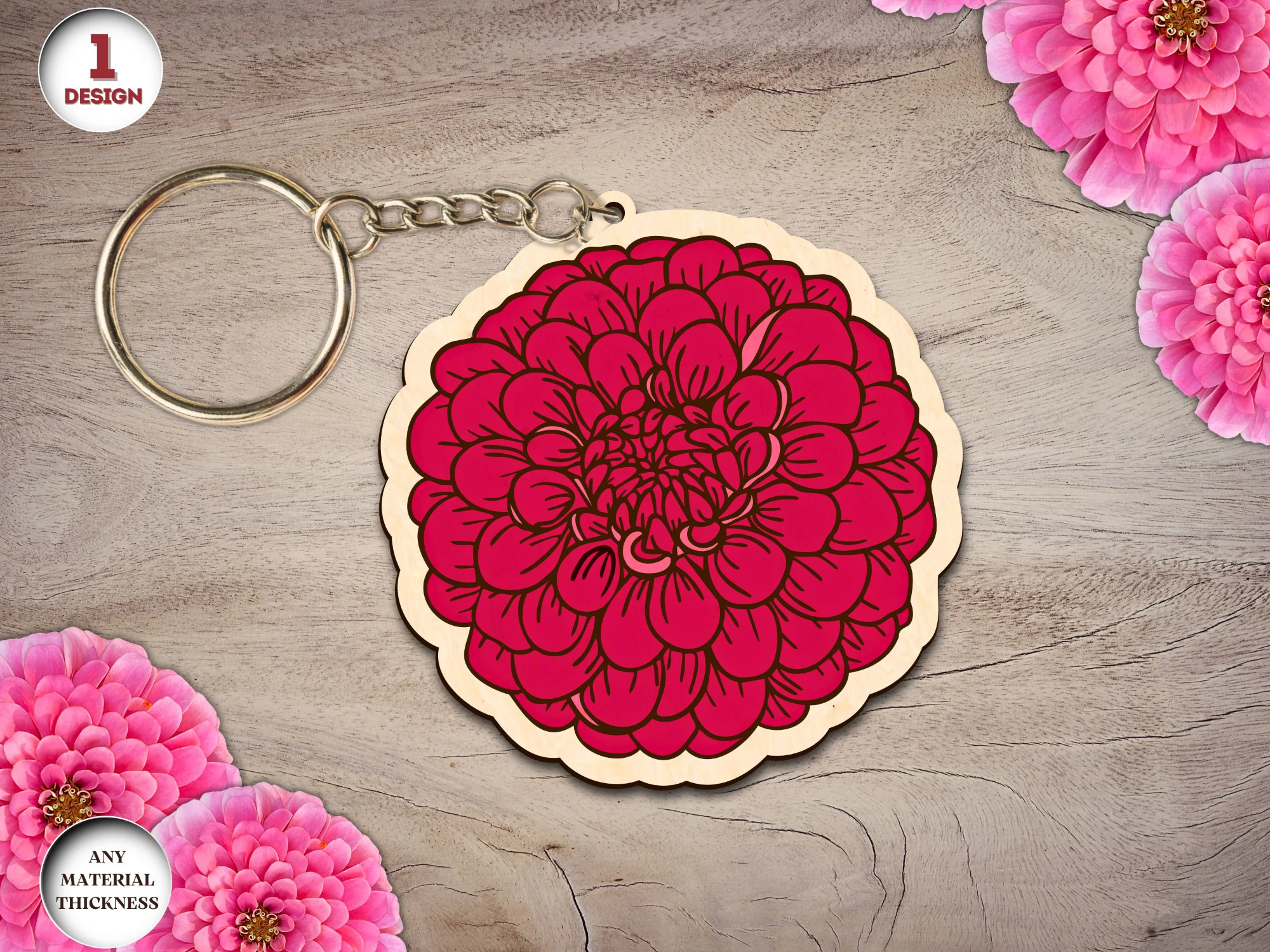 Zinnia Flower Keychain laser cut keychain idea for women