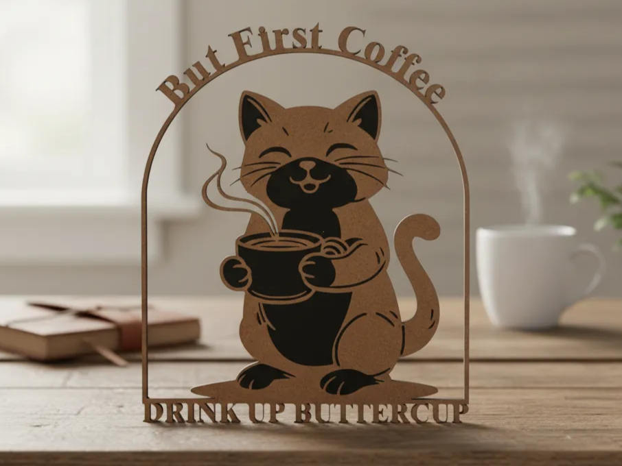 Tableau mural chat « Premier café » – idée bricolage chat à découper au laser