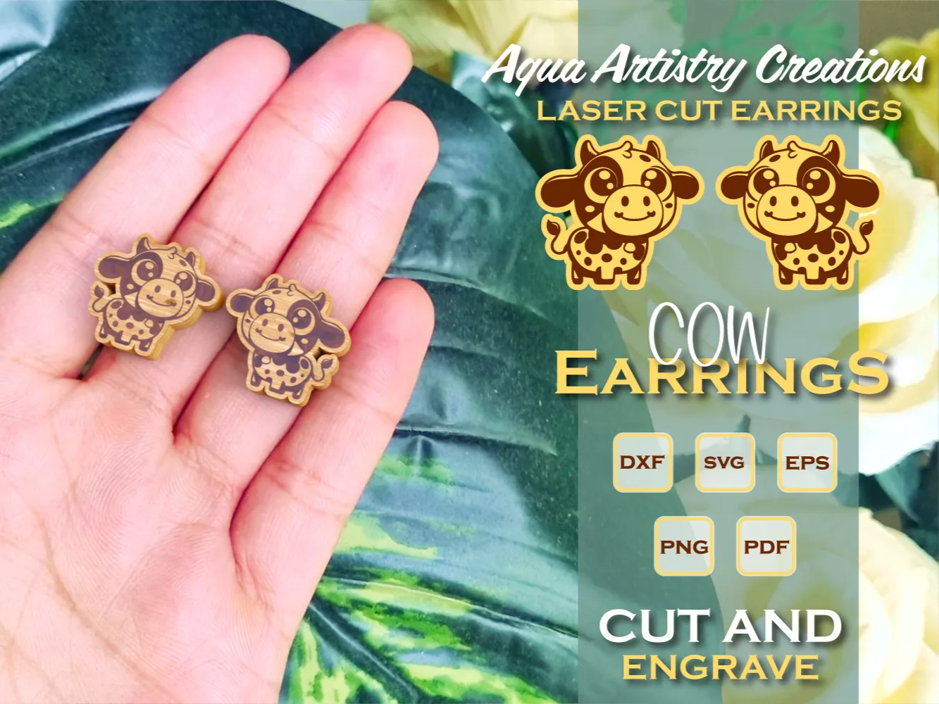 Laser Cut Cow Earrings Cute Wooden Engraved Jewelry birthday gift for her idea