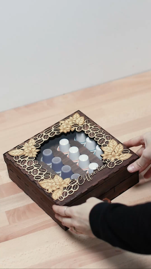 [Laser cut and engrave] Laser Cut Wooden Coffee Capsule Storage Box with Drawer Organizer