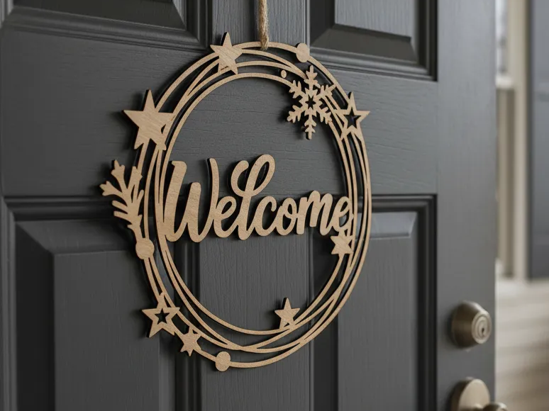 Couronne de porte de bienvenue : étoiles et flocons d'hiver modèle de panneau de bienvenue