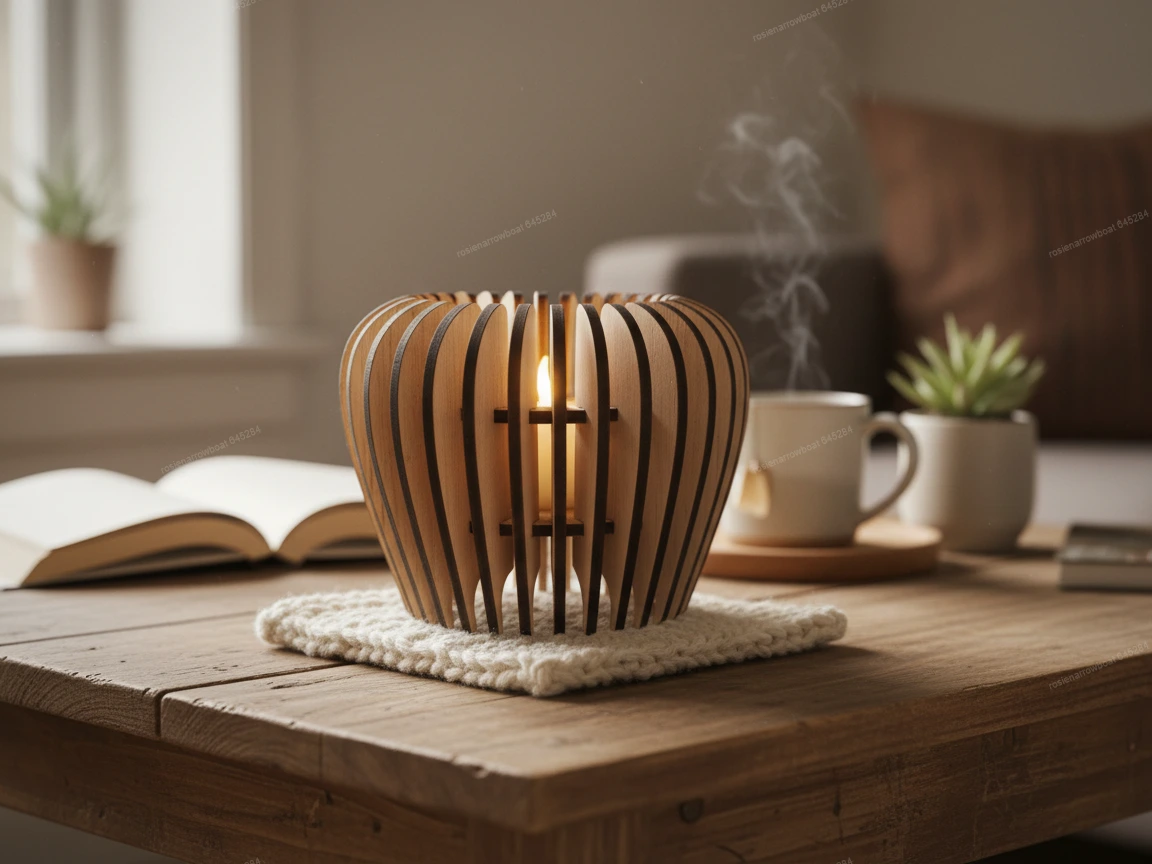 Ribbed slatted wooden candle shade over a candle on an outdoor table patio light idea