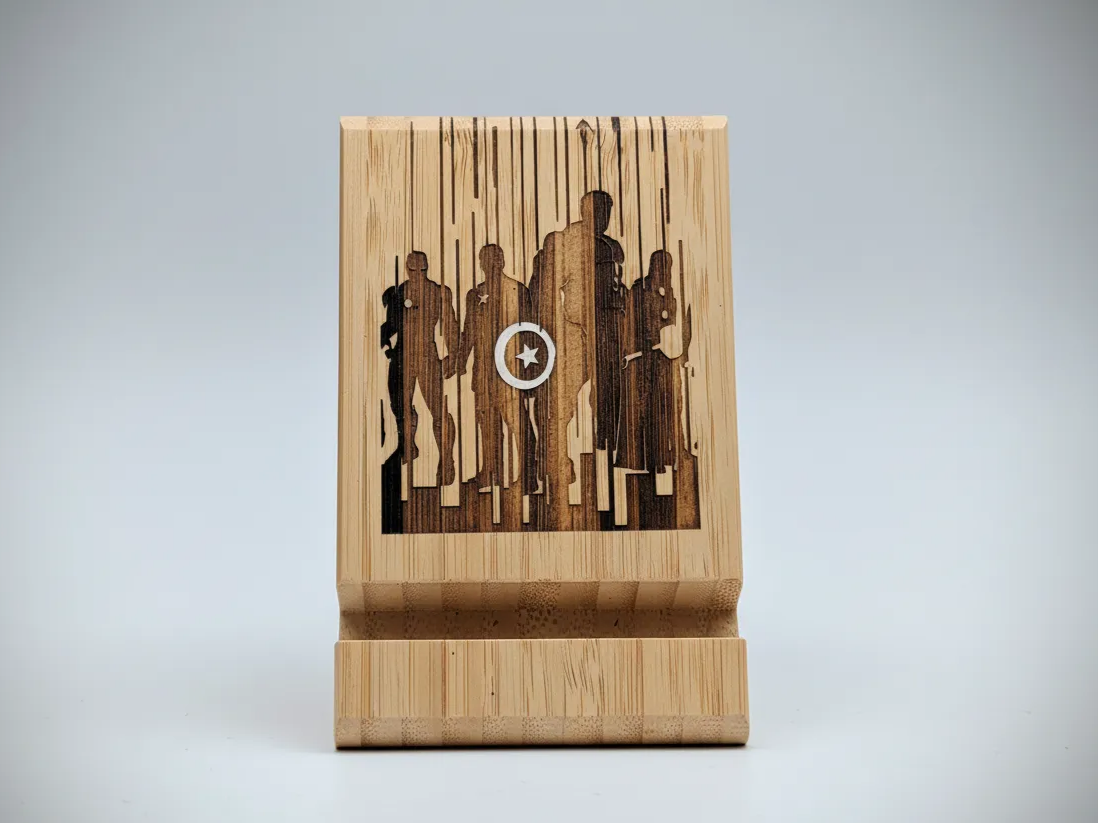 Bamboo phone stand with Avengers silhouette engraving gift idea