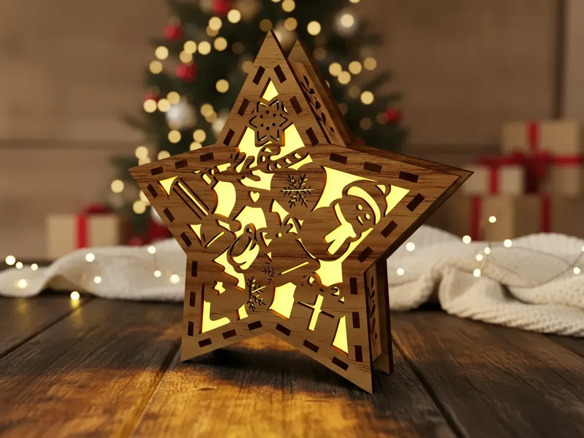Wooden star Christmas light decoration and candle holder with holiday icons