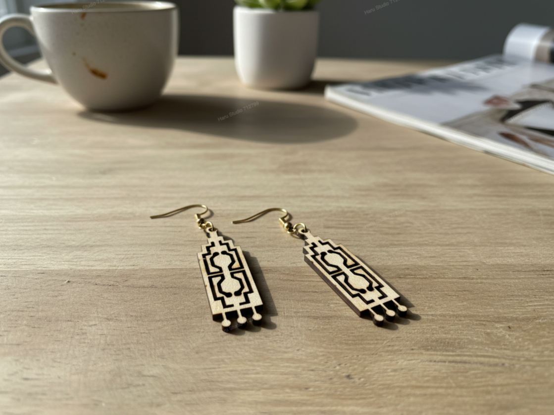 Geometric Wooden Dangle Earrings with Southwestern Inspired Motif earring design