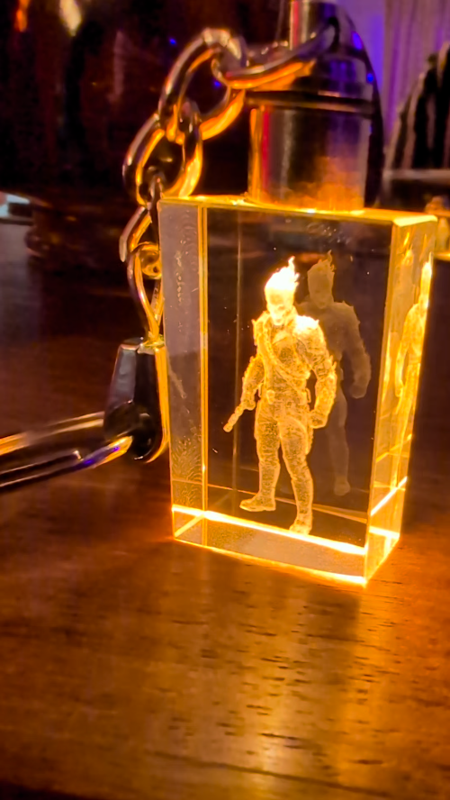 [Laser cut and engrave] Laser Engraved Crystal Keychain with 3D Character Figure