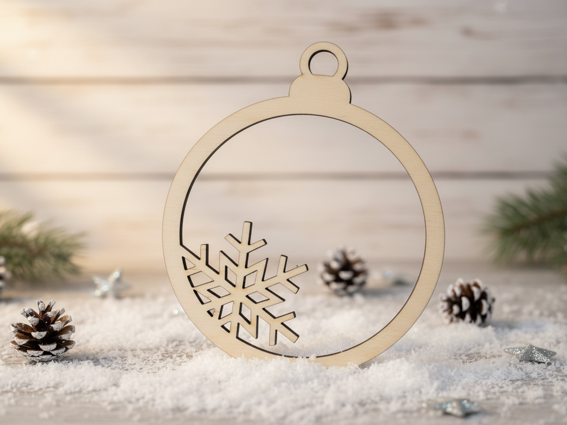 Wooden snowflake bauble ornament laser cut from 3 mm plywood