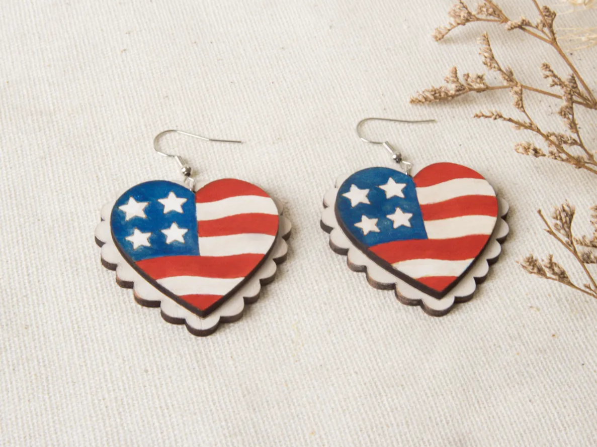 American Flag Heart Shaped Earrings — free patriotic laser/print project file on Atomm