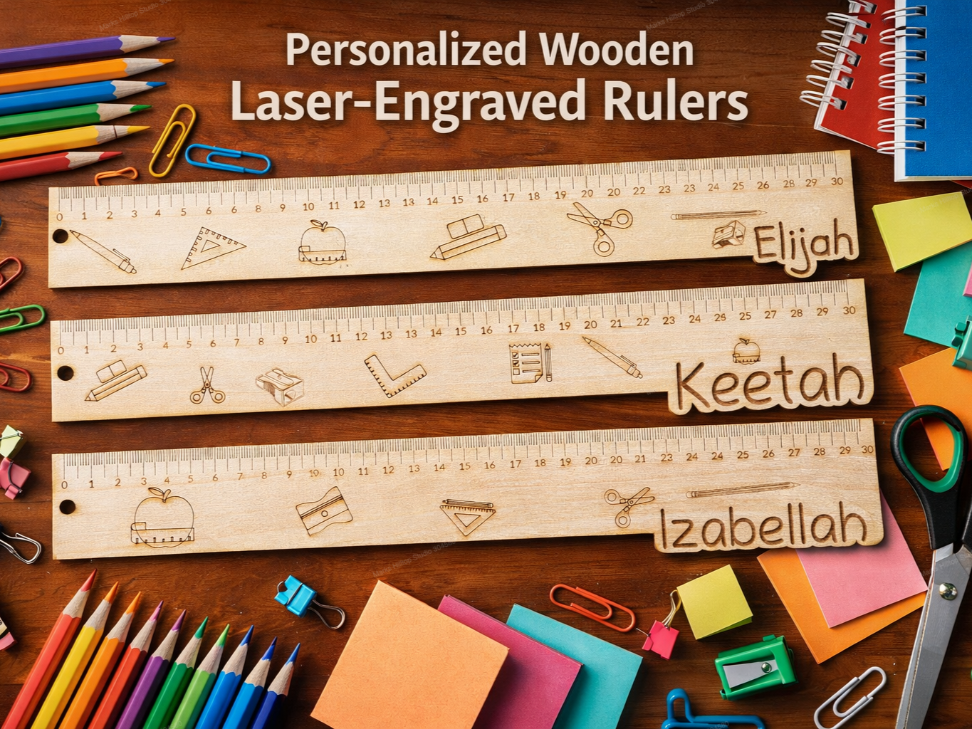 Personalized Wooden Laser-Engraved Rulers with School Icons - Ready to ...