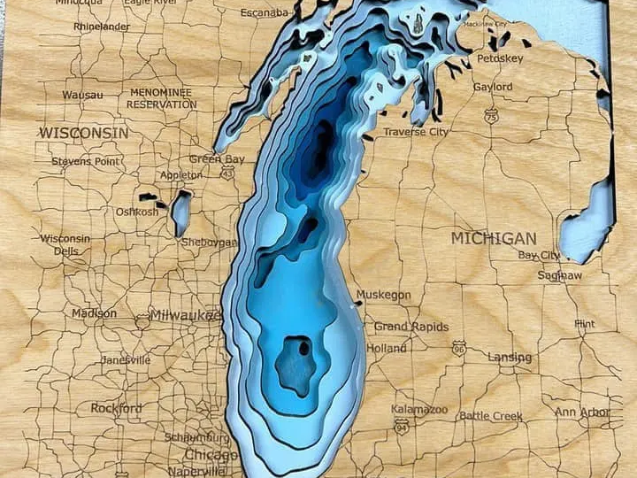 Michigan Projection File Laser Cut Layered Wooden Map of Michigan and Wisconsin with Depth ...