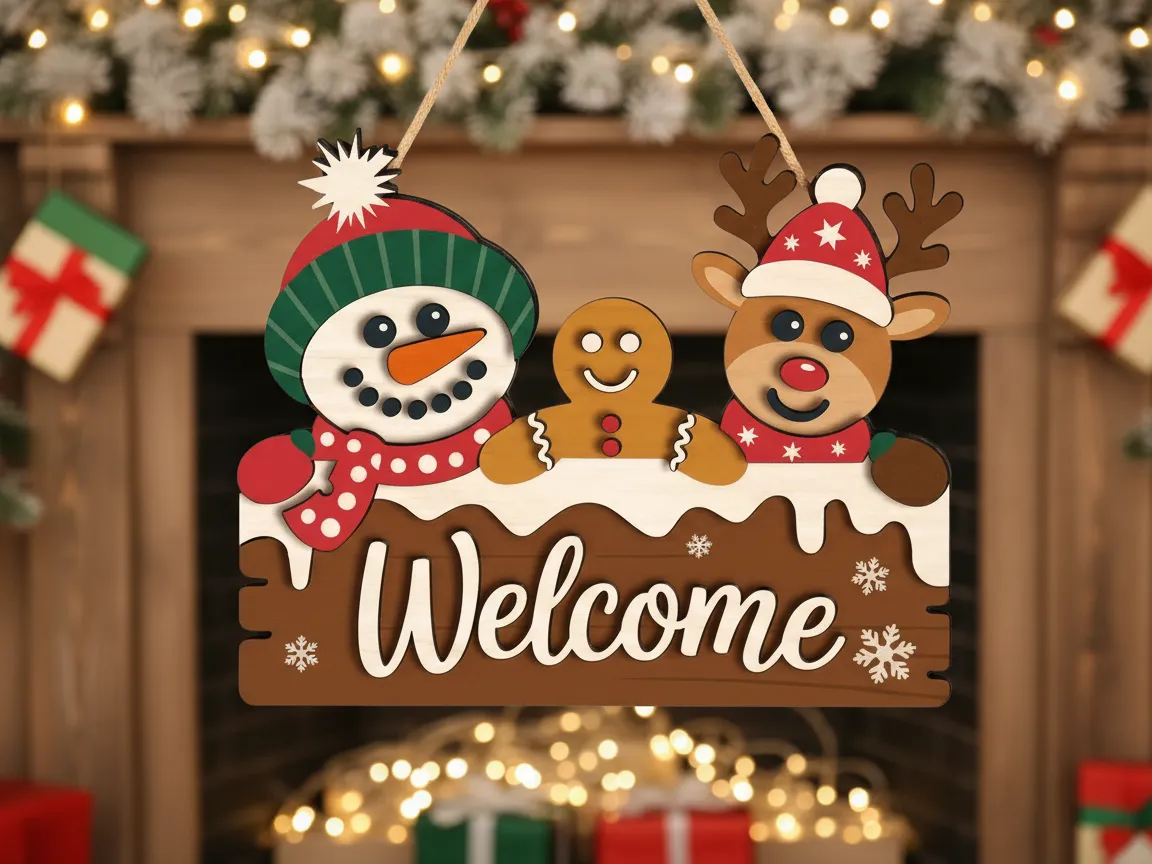 Panneau de bienvenue de Noël avec bonhomme de neige, renne et pain d'épice modèle de panneau de bienvenue