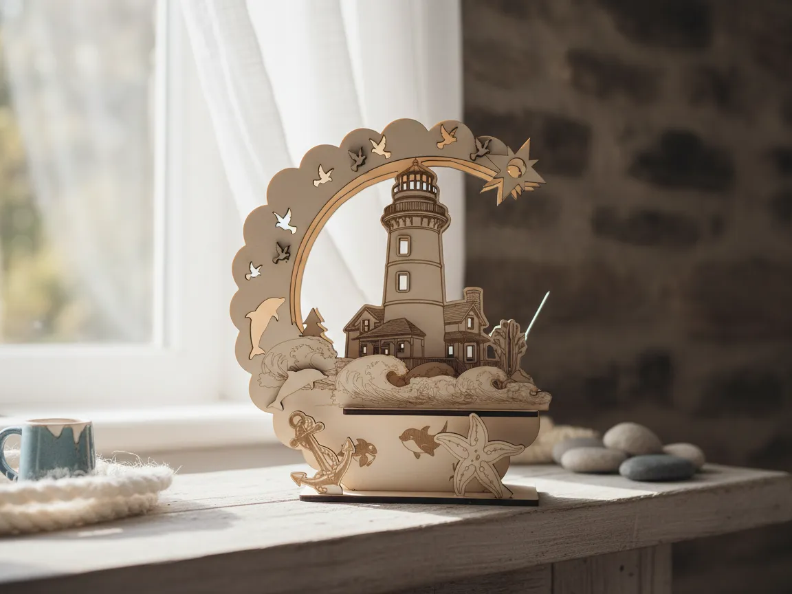 Laser Cut Wooden Lighthouse and Ocean Scene Decorative Ornament laser cut summer decor design