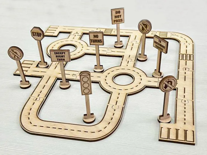 3D wooden toy car track with traffic signs, kids playset gift