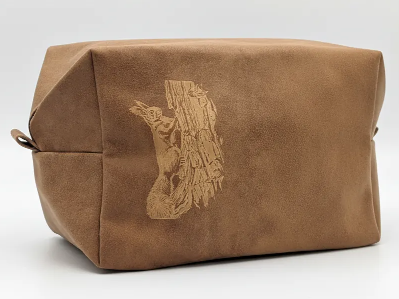 Brown Suede Toiletry Bag with Squirrel Illustration