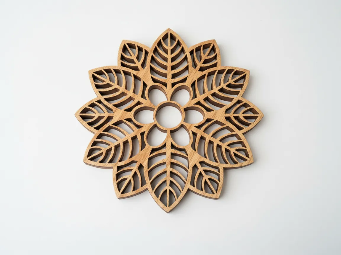 Wooden Floral Mandala Trivet with Intricate Leaf Pattern mandala craft idea