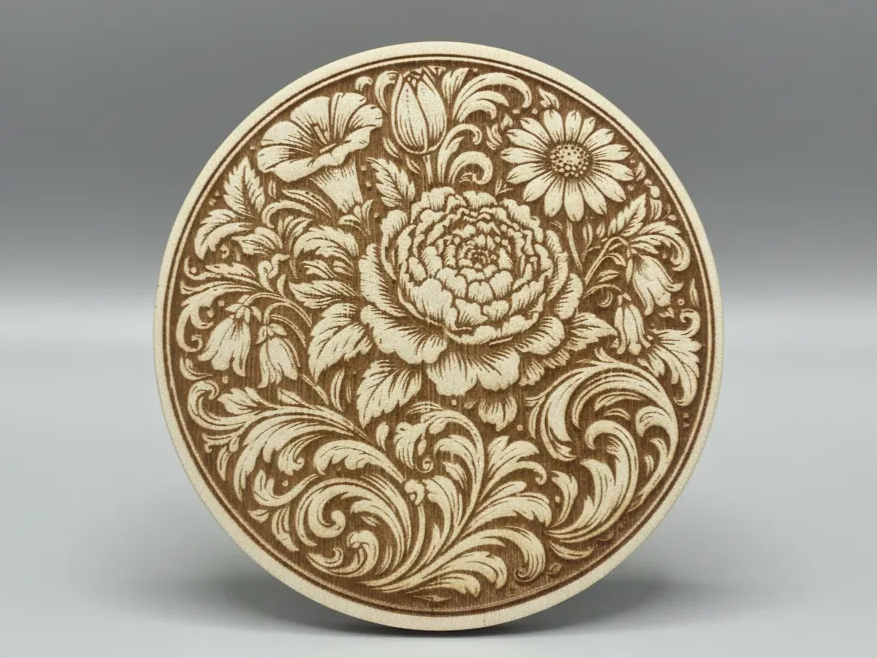 Runder Holzuntersetzer mit detaillierter Blumengravur