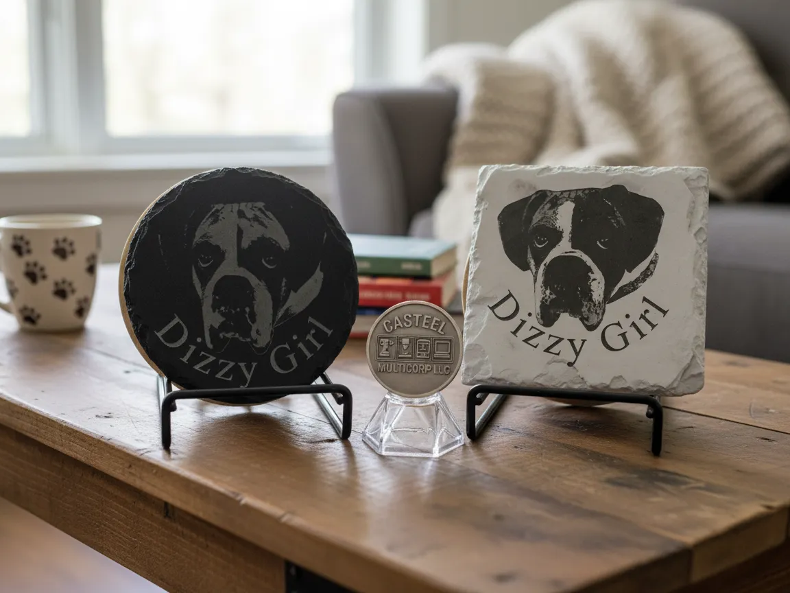 Custom Stone Coasters Featuring Dizzy Girl Boxer Dog Portrait sublimation coasters idea