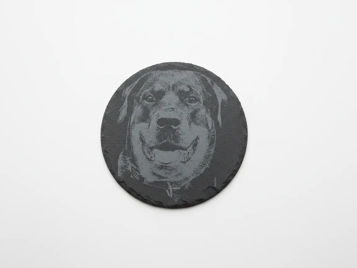 Circular stone coaster engraved with a Rottweiler photo portrait