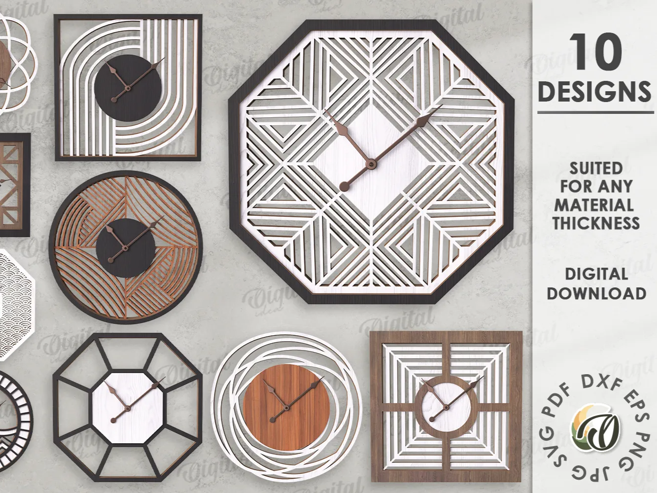 3D Geometrical wall clocks bundle. Decorative clock laser cut. Modern home decor. Boho clock. Wooden clock base. Geometr wood clock idea