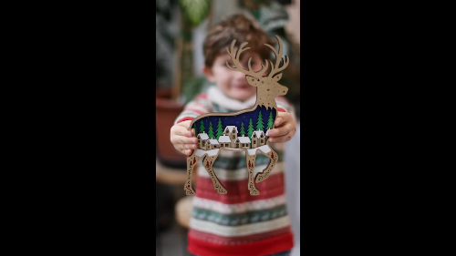 [Laser cut and engrave] Multi layers Laser Cut Wooden Reindeer Christmas Ornament with Village Scene