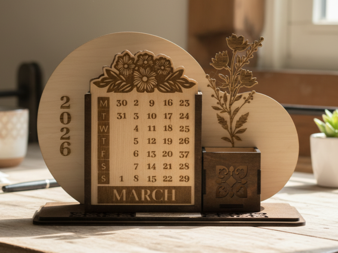 Laser Cut Wooden Desk Calendar & Pen Holder with Floral Engraving and Custom Message Plate