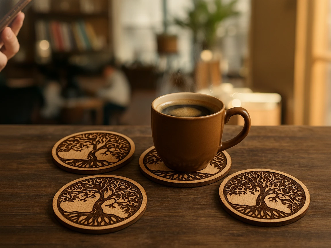 Wooden coffee coaster set with tree of life nature design