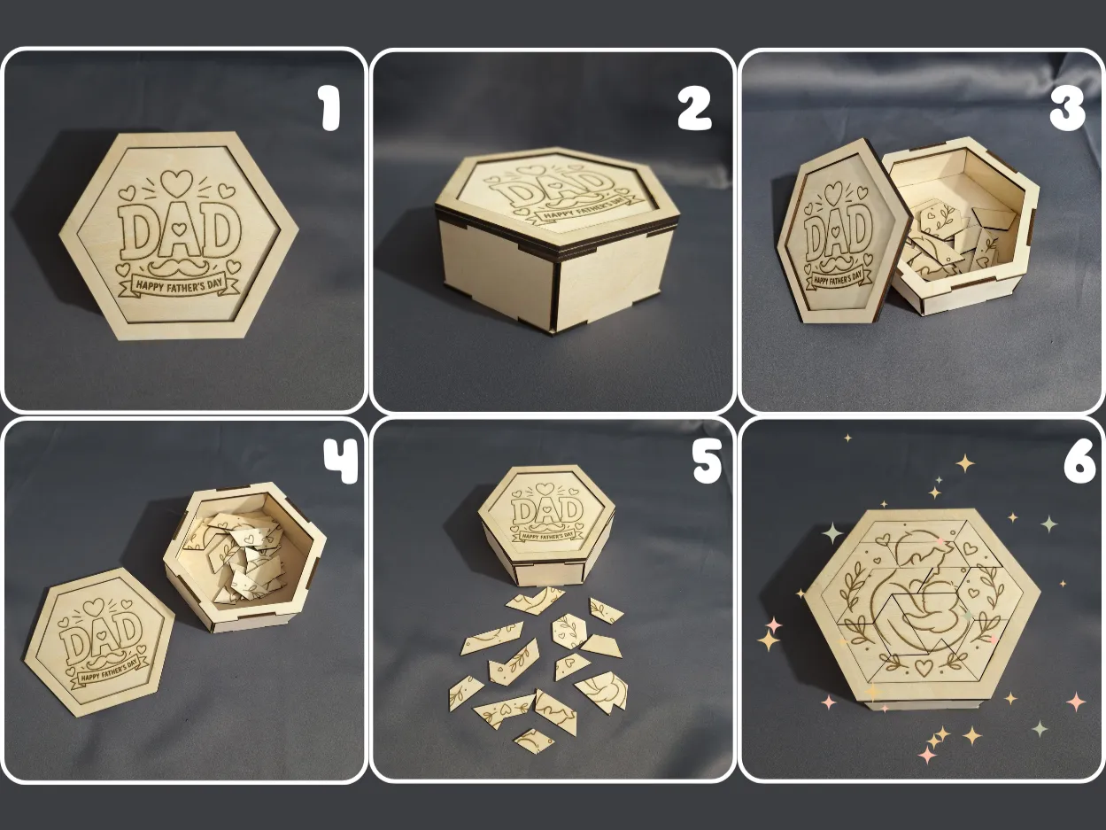 父の日のためのタンガラムパズル付き六角形の木箱