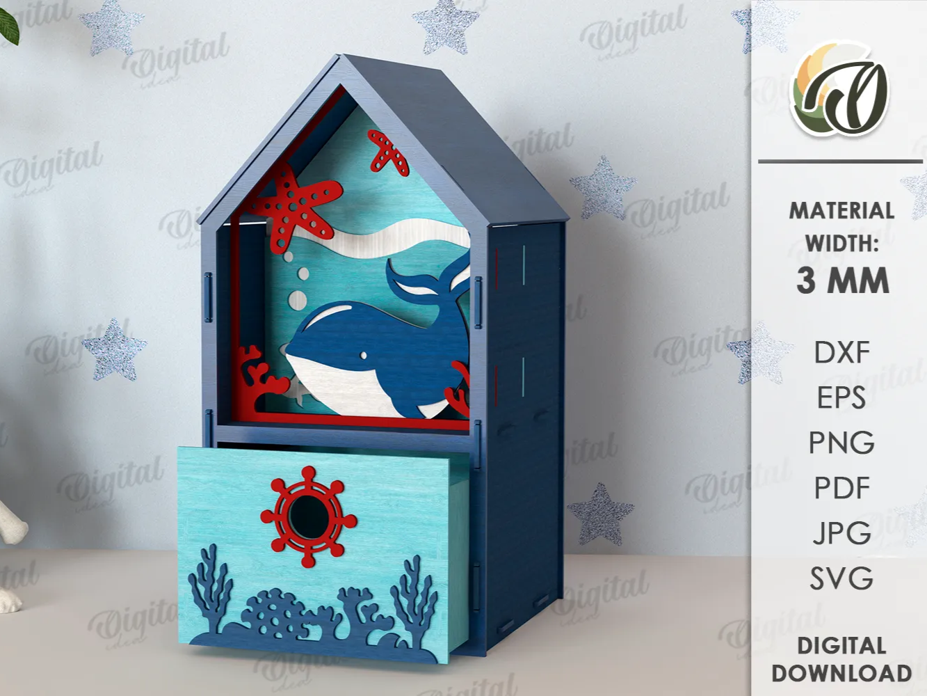 Lasergeschnittene 3D-Kinderhausbox. Aufbewahrungsbox aus Holz für Kinder. Spielzeugbox-SVG. Baby-Organizer. Hausförmig