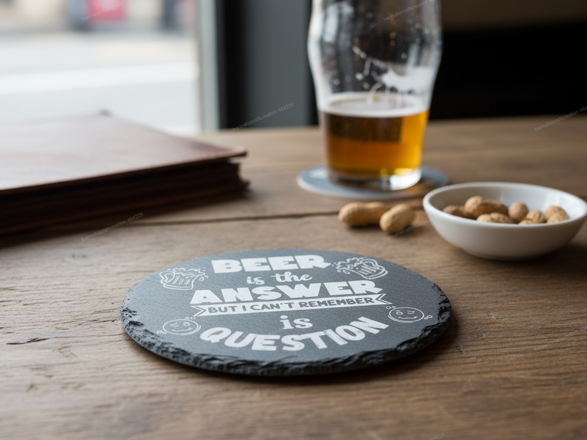 „Bier ist die Antwort“ Schiefer-Getränkeuntersetzer Laserdesign