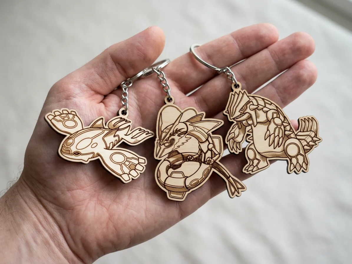Wooden Kyogre, Rayquaza & Groudon Keychains pokemon keychain idea