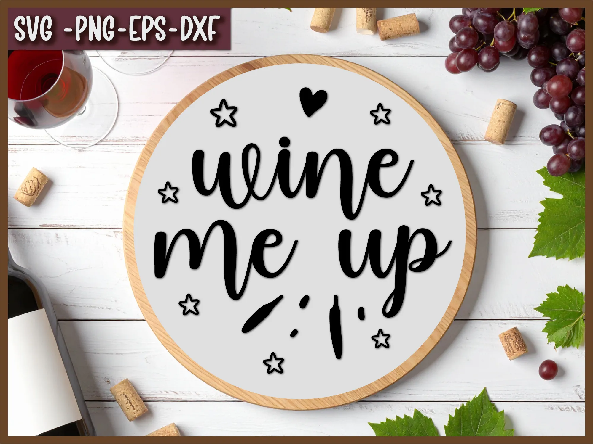 Laser Cut Wine Me Up Round Wooden Sign with Stars and Heart laser cut bar sign idea