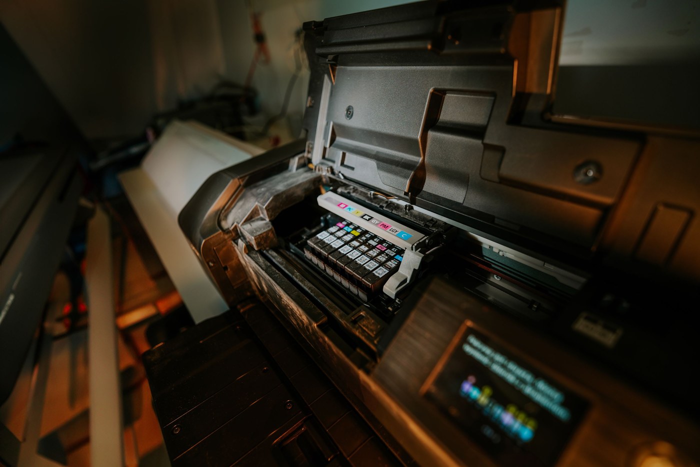 Close-up of the ink channels inside an inkjet printer