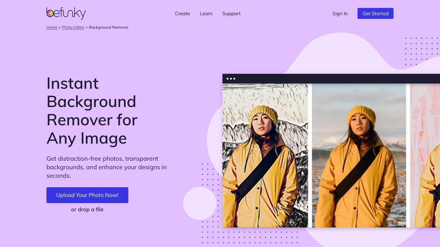 A design app page advertising an instant background remover alongside its editing tools