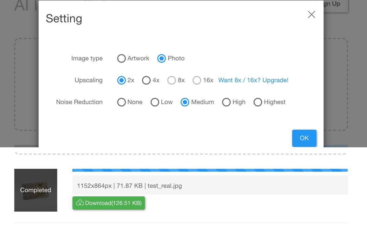 The Bigjpg settings dialog showing 2x selected with 8x and 16x marked as paid, and the completed job offering a 126.51 KB download