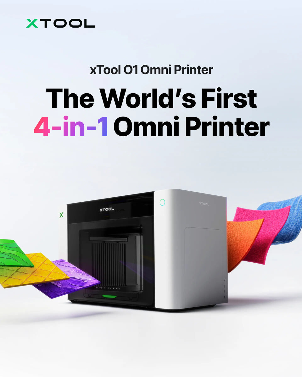 The xTool O1 Omni Printer, a 4-in-1 UV, UV DTF, and fabric printer, with colorful printed material sheets