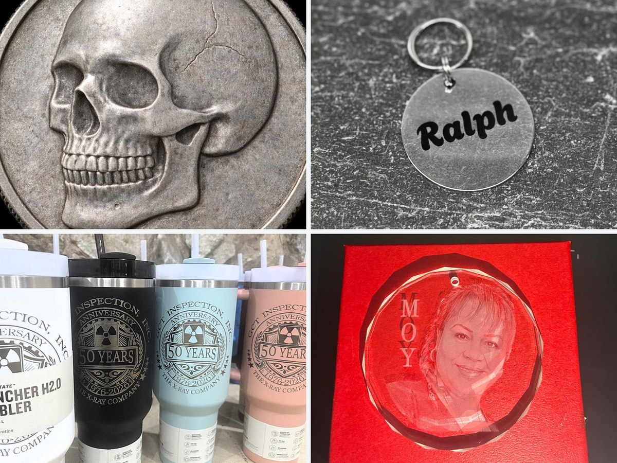 Four F-series results: a brass coin embossed on a 20W fiber laser, a stainless pet tag marked on 60W MOPA, coated tumblers engraved on a 15W diode, and a portrait engraved inside K5 crystal with a 5W UV laser