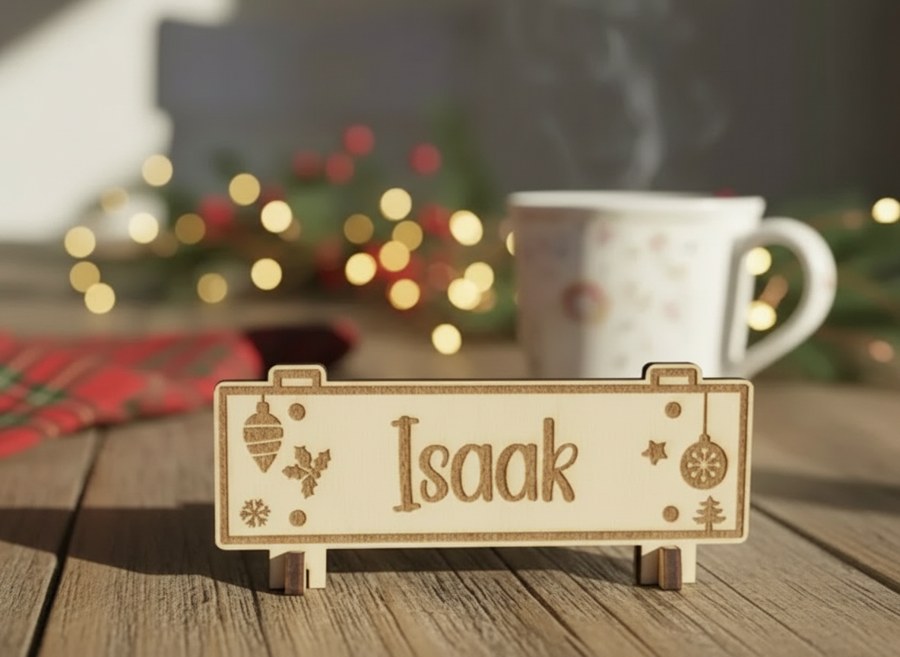 An engraved wooden name plaque with a serif name and small decorative motifs
