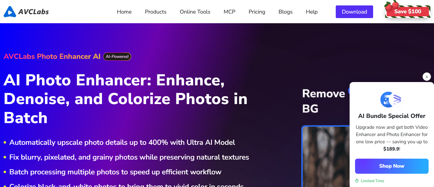 แบนเนอร์หน้าแรกของ AVCLabs Photo Enhancer AI